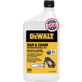 DEWALT biodegradable bar and chain oil in green bottle provides eco-friendly lubrication.