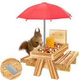 DFANG carbonized wood squirrel feeder with umbrella offering shade for outdoor visits