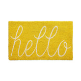 DII Hello Coir Fiber Doormat front view in yellow traps dirt at entry.