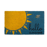 DII Hello Sunshine blue coir doormat at the front porch showing dirt-wipe capability