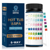 Dipstik pool and spa test strips bottle shows 6-in-1 color chart.