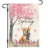 Dlzdn Hello Spring dog flag with corgi, cherry blossoms, boosts curb appeal.