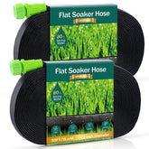 DOFOWORK flat soaker hose unrolled across a garden bed for even moisture
