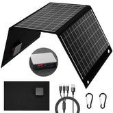 Dongindar 30W foldable solar charger open to capture sunlight and power devices.