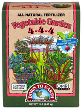 Down To Earth 4-4-4 organic fertilizer bottle highlighting balanced nutrients for vegetables.