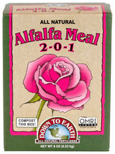 Down To Earth alfalfa meal packaging for organic plant feeding.