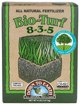 Down To Earth Bio-Turf lawn food packaging showcases OMRI listing for organic use.