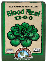 Down To Earth Blood Meal 12-0-0 bag front shows nitrogen boost for lush foliage.