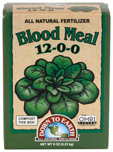 Down To Earth Blood Meal bag with 12-0-0 nitrogen for leafy growth.