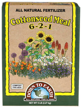 Down To Earth cottonseed meal packaging shown for organic garden feeding.