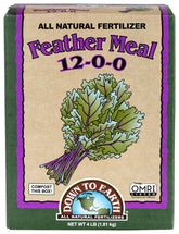 Down To Earth feather meal bag label highlights organic promise and slow-release nitrogen use.
