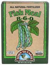 Down To Earth fish meal 8-6-0 bag boosts leafy growth in organic gardens.