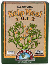 Down To Earth Kelp Meal packaging shown for organic gardens and easy soil enrichment