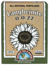 Down To Earth Langbeinite 0-0-22 granules shown in front of bag for soil nutrition