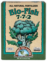 Down To Earth Bio-Fish fertilizer bottle pour highlighting balanced 7-7-2 formula for robust growth