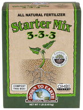 Down To Earth Organic Starter Mix bottle showing gentle, balanced nutrition for seedlings.