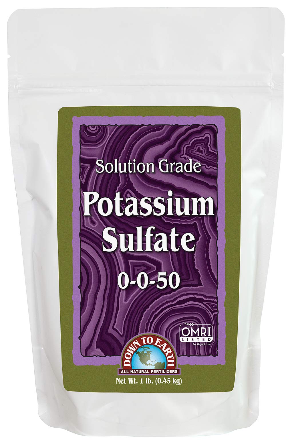 Down To Earth potassium sulfate 0-0-50 powder bag for garden use and flowering support.