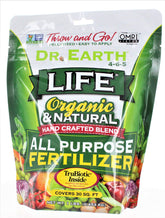 Dr. Earth 91164 Minis Life all-purpose fertilizer bottle boosts organic vegetable growth.