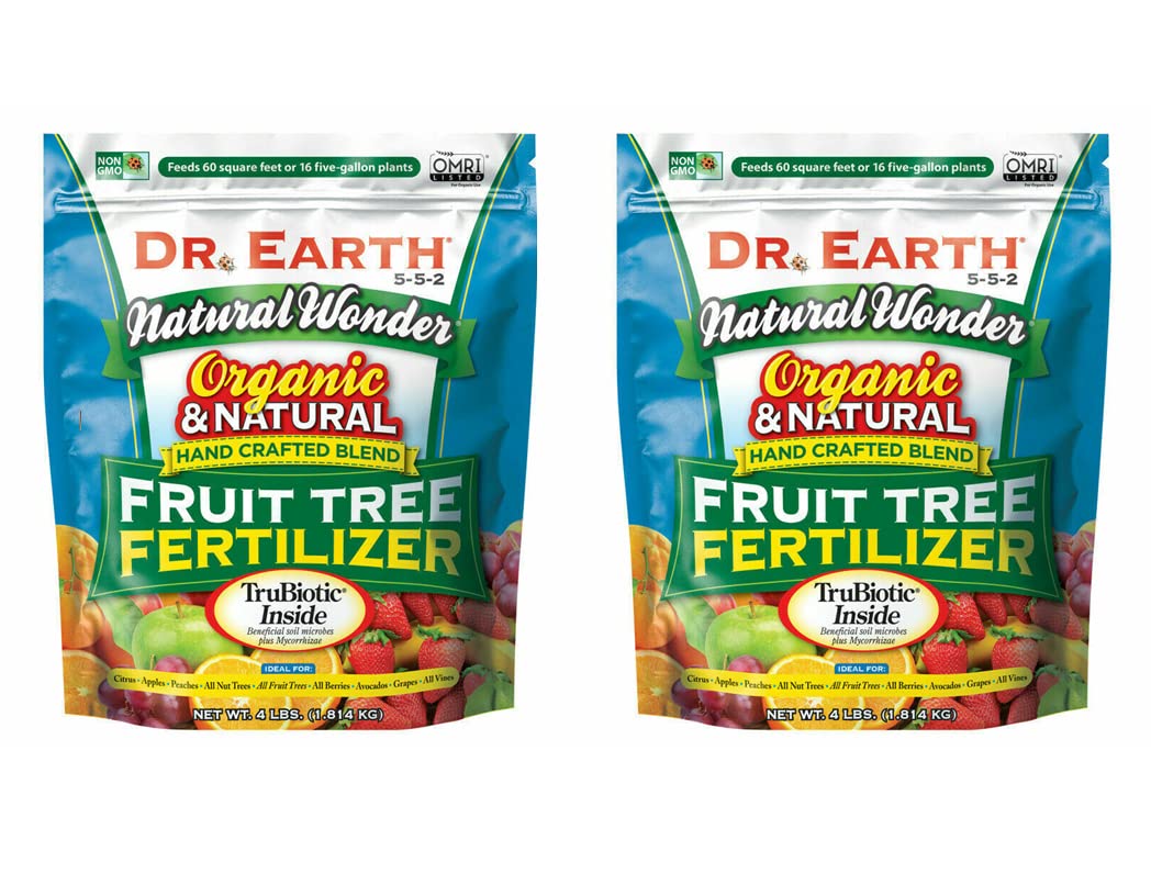 Dr. Earth fruit tree organic fertilizer bags shown for home orchard use.