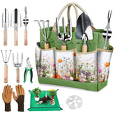 Drametic+ 29-piece garden tools set with floral tote for organized gardening.