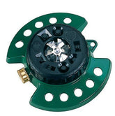 Dramm ColorStorm turret sprinkler with metal base, versatile lawn watering.