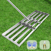Dremmt Lawn Leveling Rake with 72-inch handle for upright, efficient lawn smoothing.