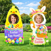Drezimo Easter bunny yard sign in front yard for family photos.