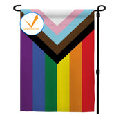 Ducuh Progress Pride rainbow garden flag, double-sided for outdoor visibility.