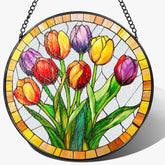 DUJITODOH stained glass tulips suncatcher showcasing vibrant colors through sunlit windows.