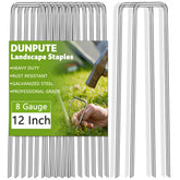 DUNPUTE heavy-duty 12 inch galvanized landscape stake securing weed barrier.