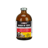 Durvet Maxi-B 1000 bottle label shows branding and dosing context.