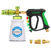 Dusichin foam cannon attached to a pressure washer for a deep car wash.