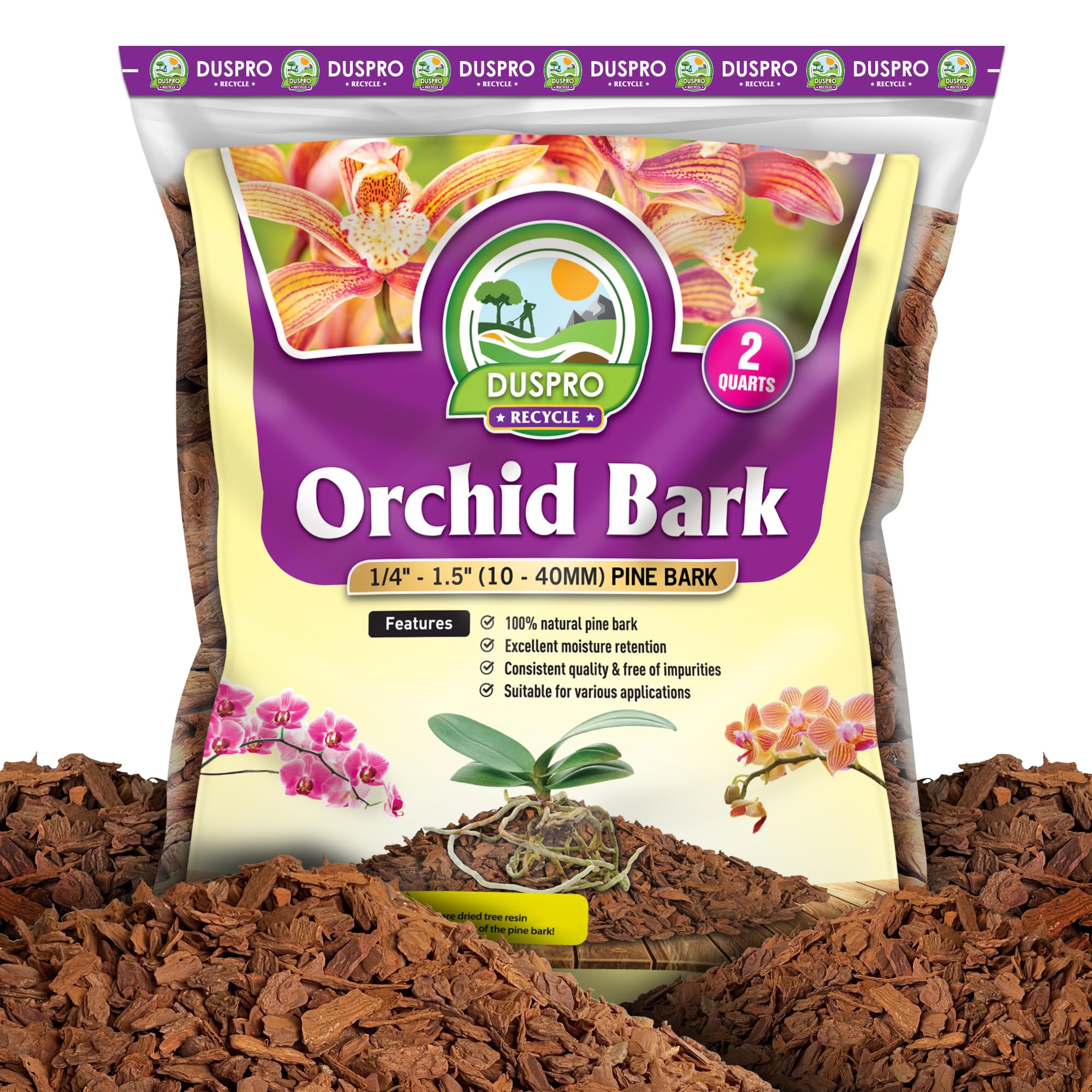 Duspro orchid bark bulk 2qt shows natural pine texture for healthy orchid roots.