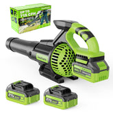 Dwarfuarm cordless leaf blower showing 715 CFM airflow for fast yard cleanup on patios and driveways