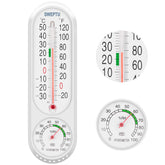 DWEPTU dual-gauge thermometer-hygrometer shows temperature and humidity at a glance for indoors or outdoors.