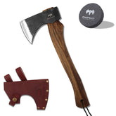 DWFKHT hatchet with leather sheath for safe storage and portability.