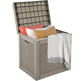 DWVO 32-gallon brown outdoor storage box lid protects cushions.