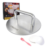 DYMACHINE Smash Burger Press top view highlights brushed stainless steel build for even patties
