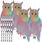 Dyvicl fake owl hanging 4-pack deters woodpeckers around outdoor structures.