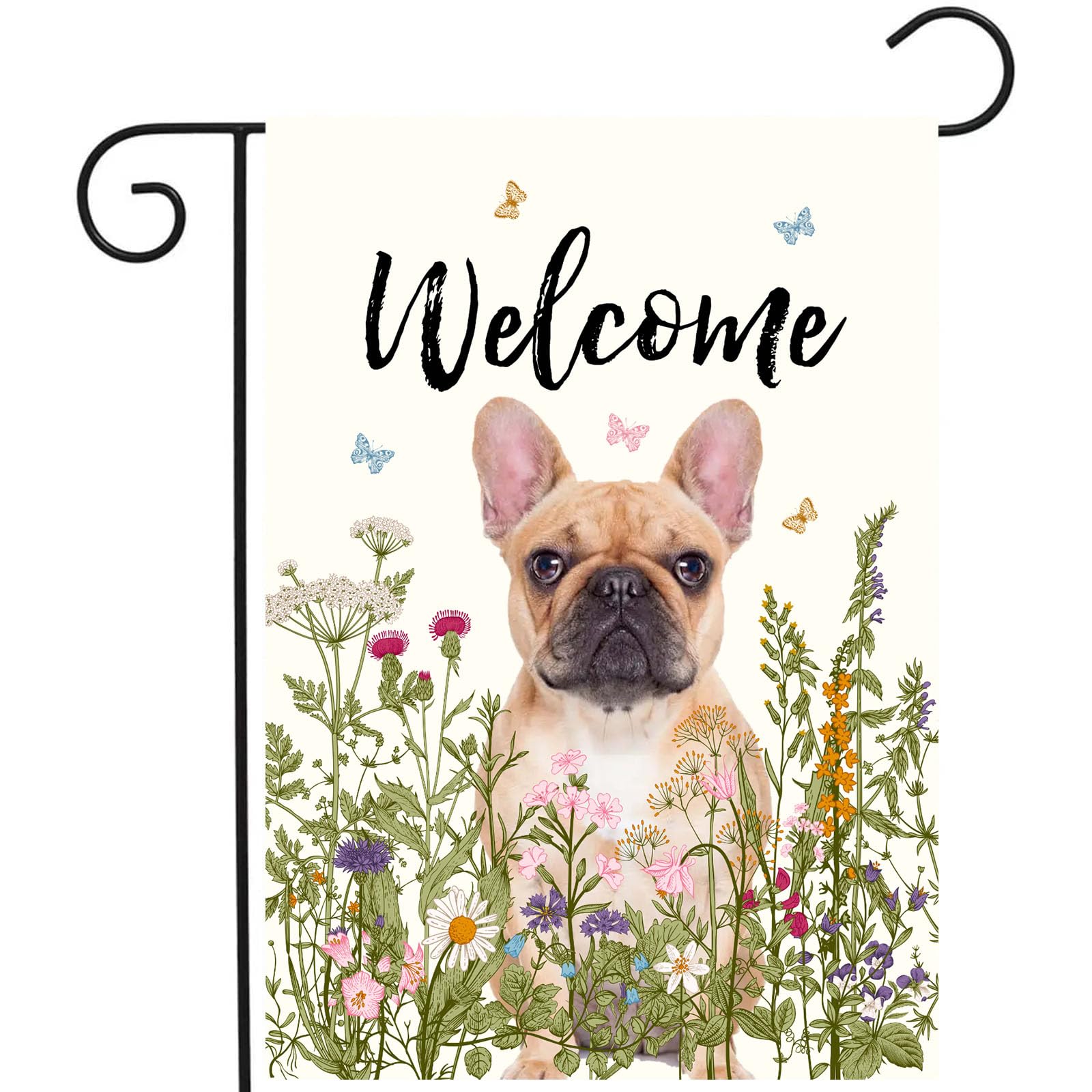 DZGlobal floral French Bulldog garden flag enhances outdoor curb appeal with vibrant florals.