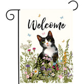 DZGlobal Spring Cat Garden Flag with floral tuxedo cat, 12x18, for outdoor curb appeal.