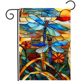 DZGlobal stained glass dragonfly flag front view with vivid colors on the porch