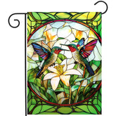 DZGlobal stained glass hummingbird flag front view with vibrant double-sided colors for outdoor charm