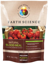 Earth Science Blood Meal bottle for nitrogen-rich feeding of flowers and vegetables.