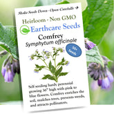 Earthcare Seeds True Comfrey seed packet with instructions for soil conditioning and long-term fertility.