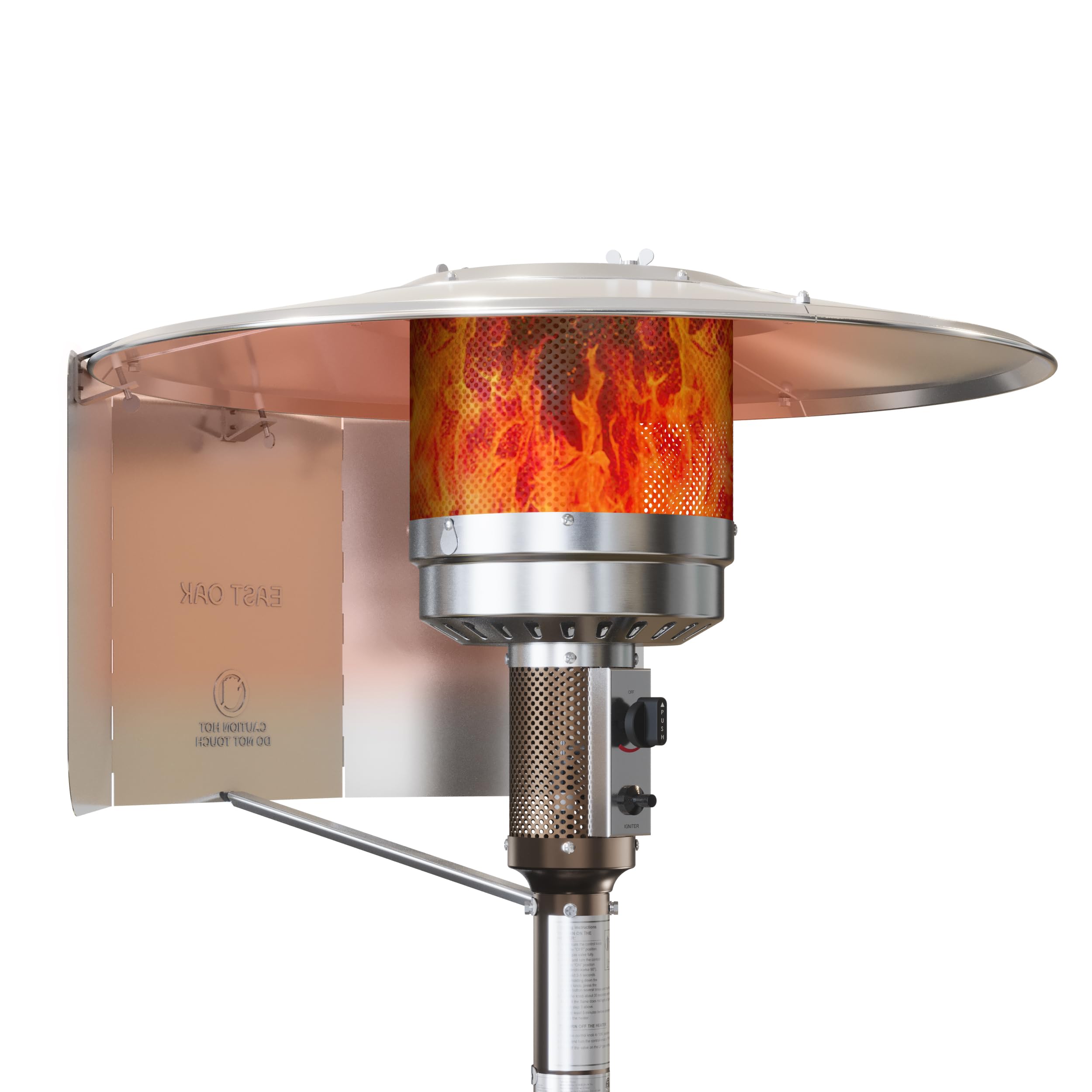 East Oak patio heater reflector shield assembly for quick, tool-free setup.