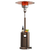 East Oak round table bronze patio heater warms outdoor seating