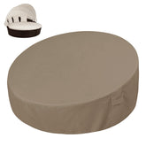 Easy-Going heavy-duty daybed cover in camel on round daybed for weather protection.