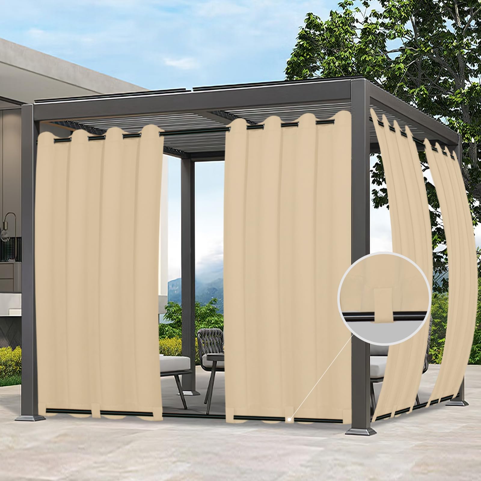 Easy-Going beige outdoor curtain showing waterproof panel for privacy.
