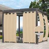 Easy-Going beige outdoor curtain showing waterproof panel for privacy.